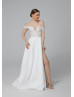 Off Shoulder Beaded Ivory Lace Satin Slit Wedding Dress